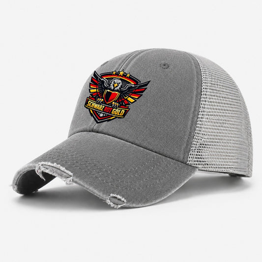 Schwarz Rot Gold Crest Washed Trucker Hat – Grey