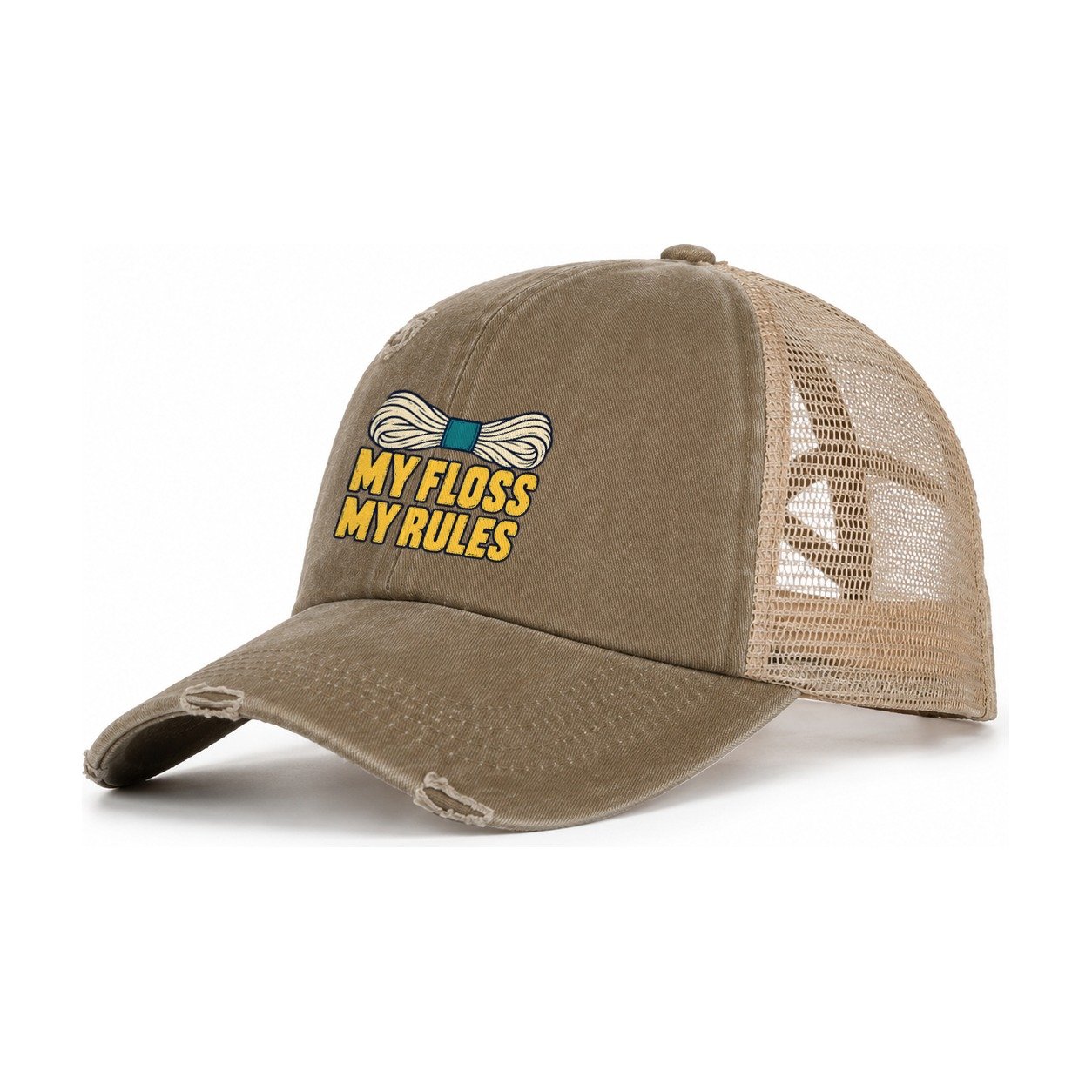 My Floss My Rules Women's Ponytail Trucker Hat – Taupe Khaki