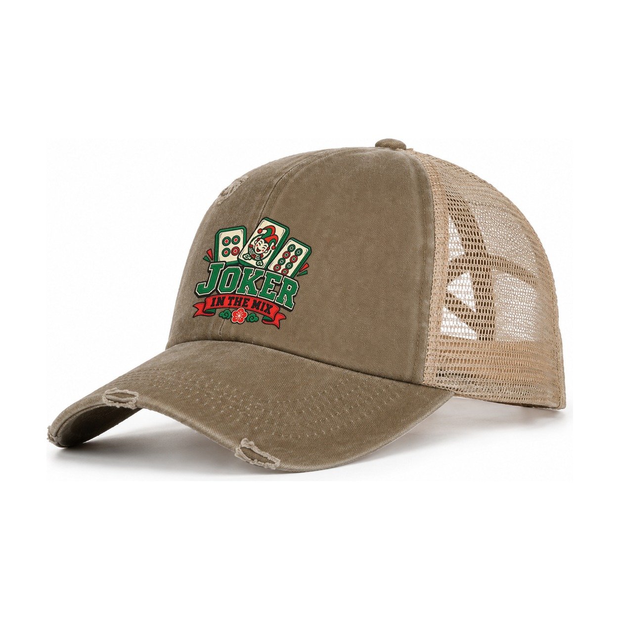 Joker In The Mix Mahjong Game Night Women's Ponytail Trucker Hat – Taupe Khaki