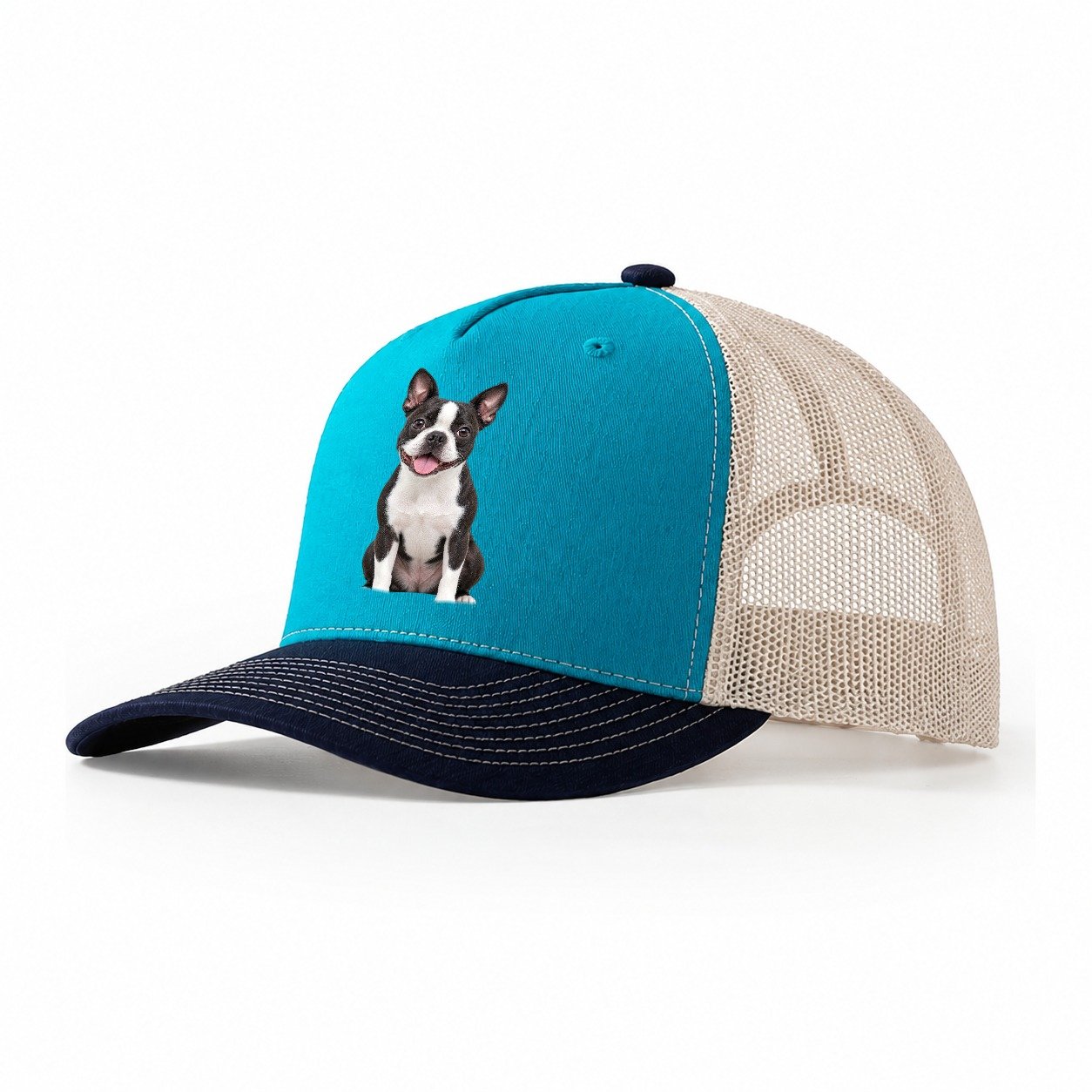 Boston Terrier Sitting Top Breeds Trucker Hat – Teal Navy