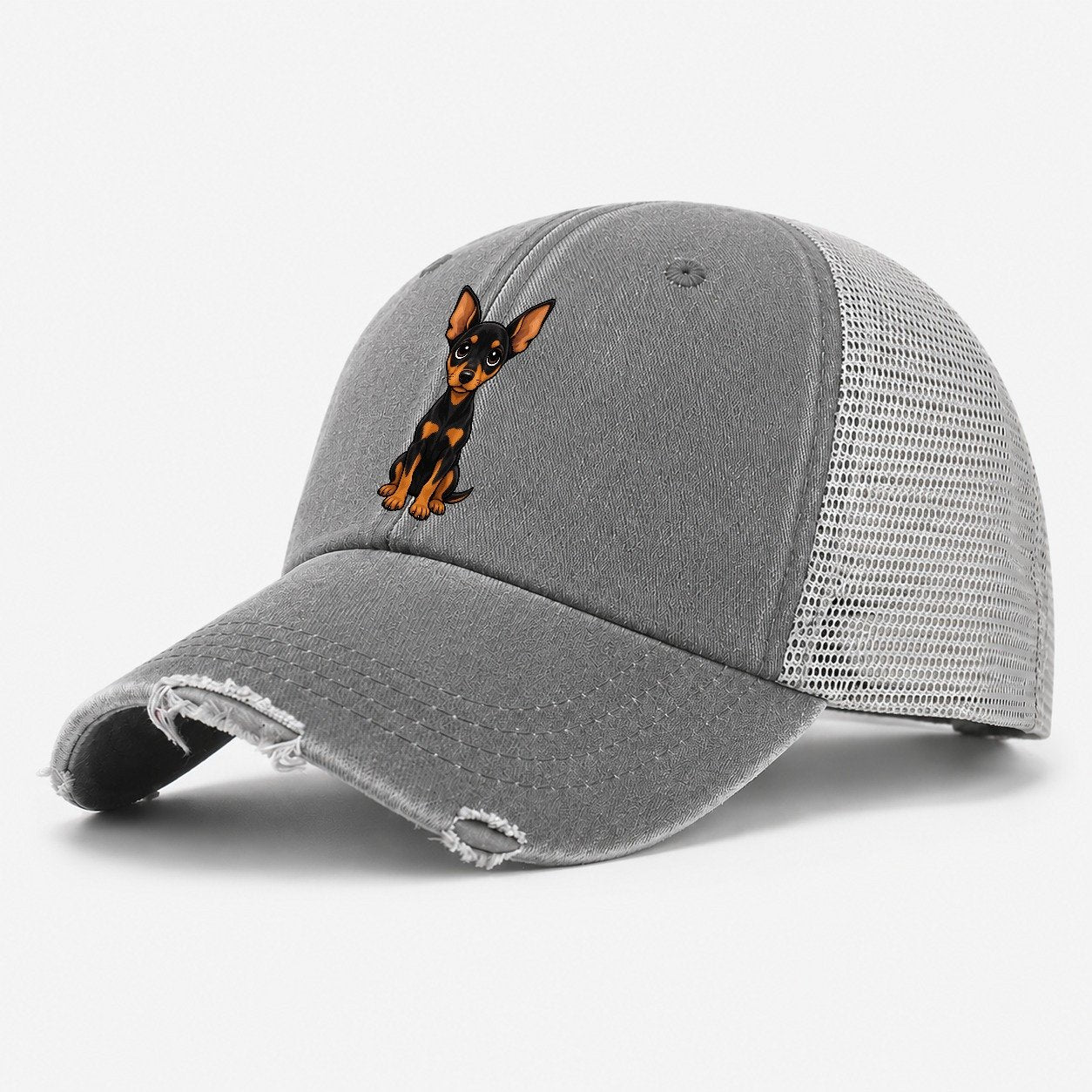 Miniature Pinscher Sitting Sweetheart Washed Trucker Hat – Grey