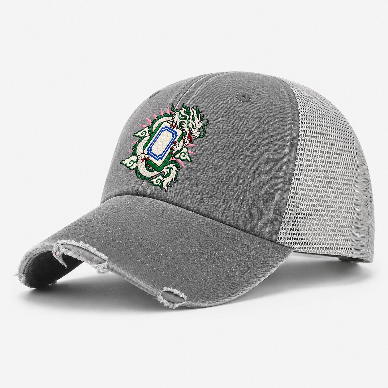 White Dragon Mahjong Game Night Washed Trucker Hat – Grey
