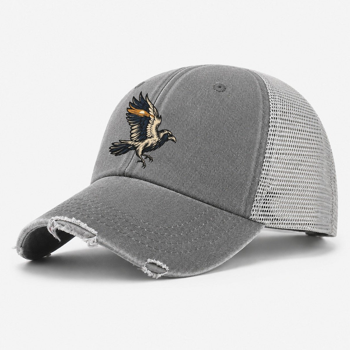 Raven Horizon Wing Sundown Familiars Washed Trucker Hat – Grey