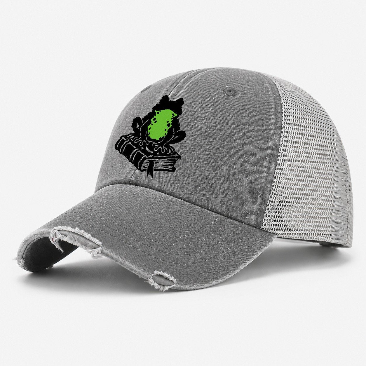 Familiar Toad On A Spellbook Witch Magic Washed Trucker Hat – Grey