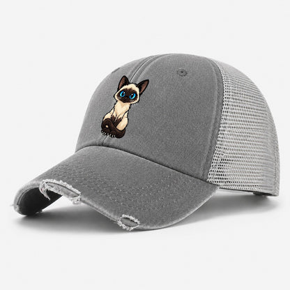 Siamese Sitting Tall Peeking Cats Washed Trucker Hat – Grey