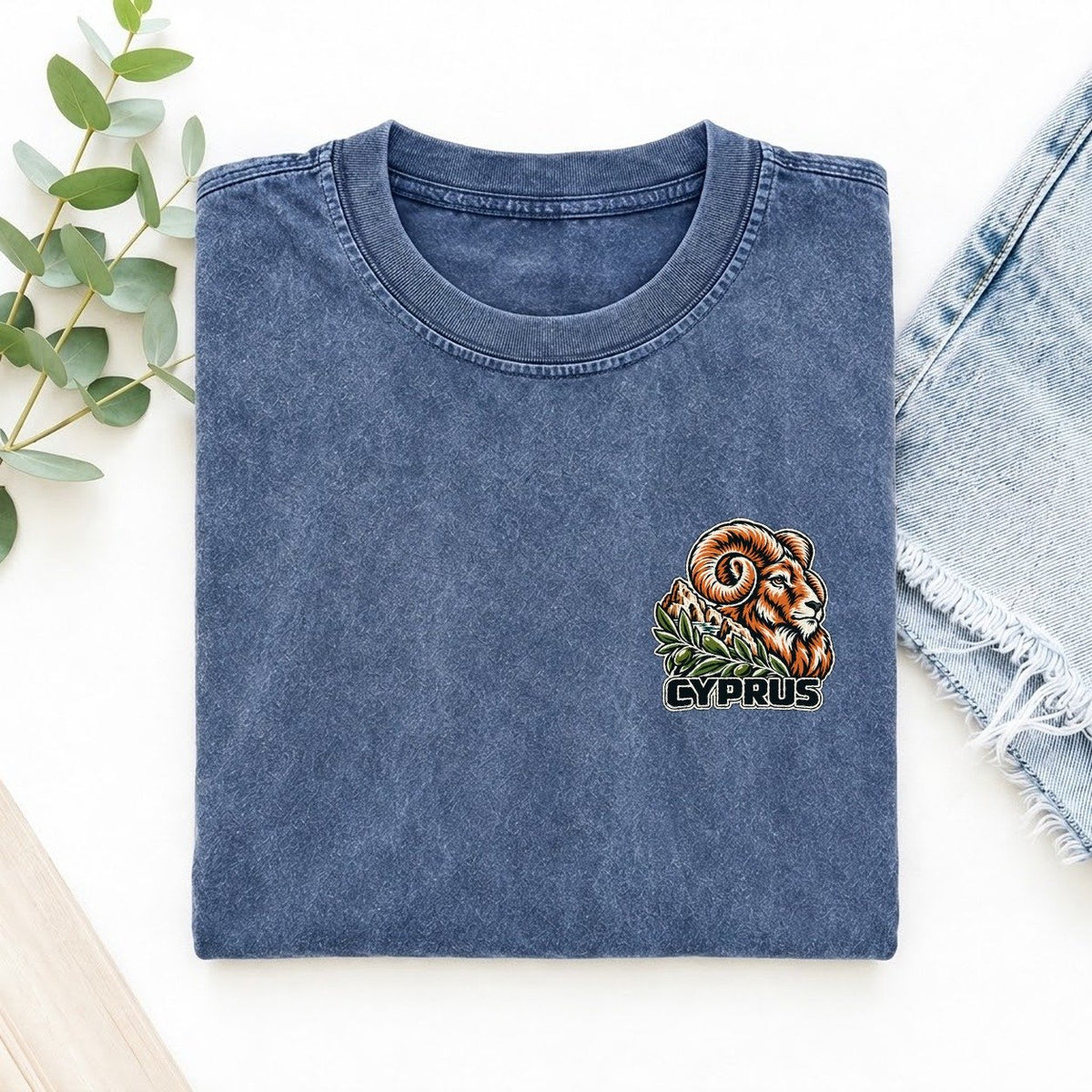 Cyprus Country Pride Left Chest Vintage T-shirt – Washed Blue