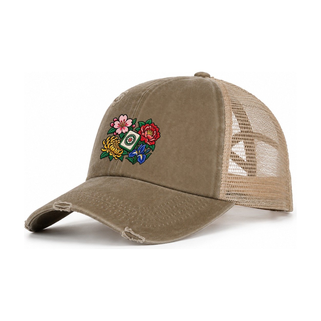 Flower Season Mahjong Game Night Women's Ponytail Trucker Hat – Taupe Khaki