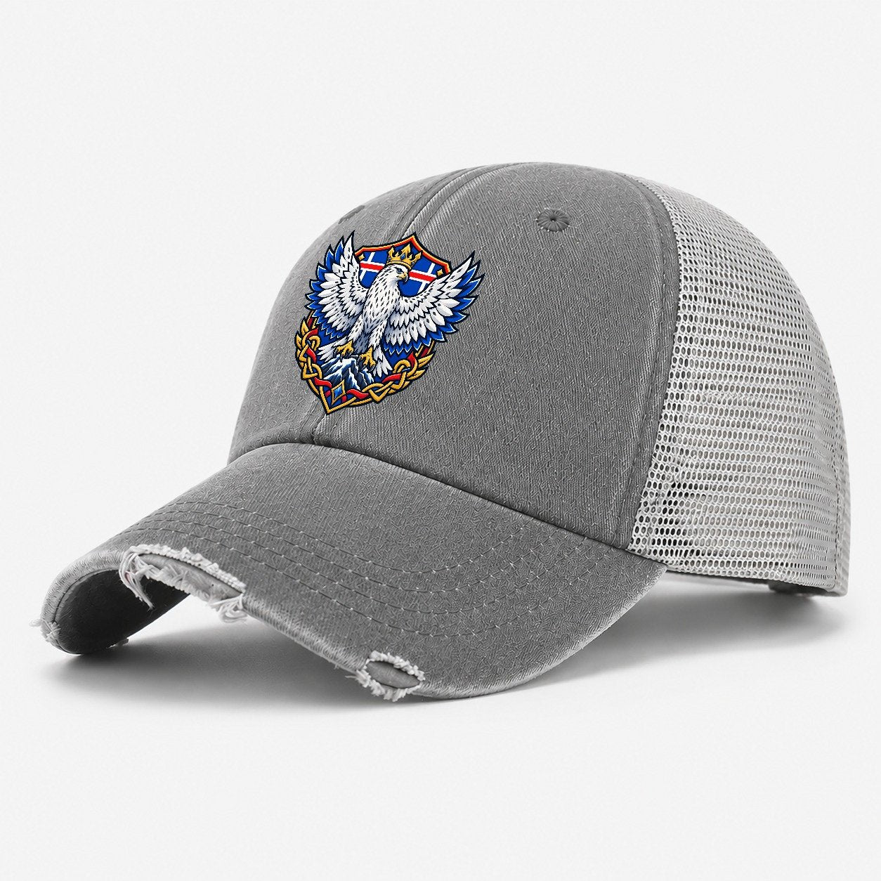 Iceland Heraldic Crest Country Logos Washed Trucker Hat – Grey