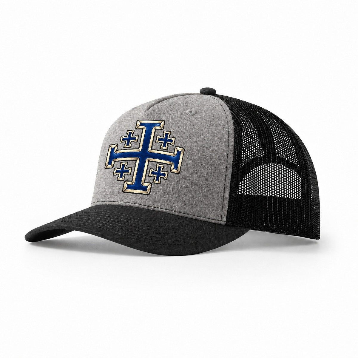 Jerusalem Cross Blue Enamel Character Club Trucker Hat – Grey Black