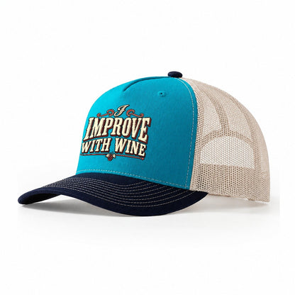 I Improve With Wine American Wit Trucker Hat – Teal Navy