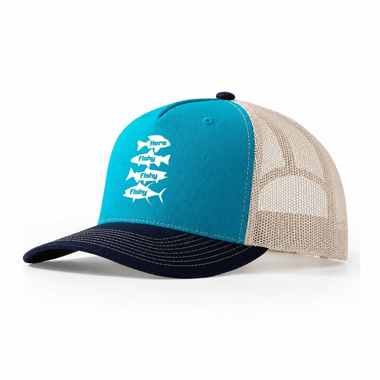 Here Fishy Fishy Fishy! Trucker Hat – Teal Navy