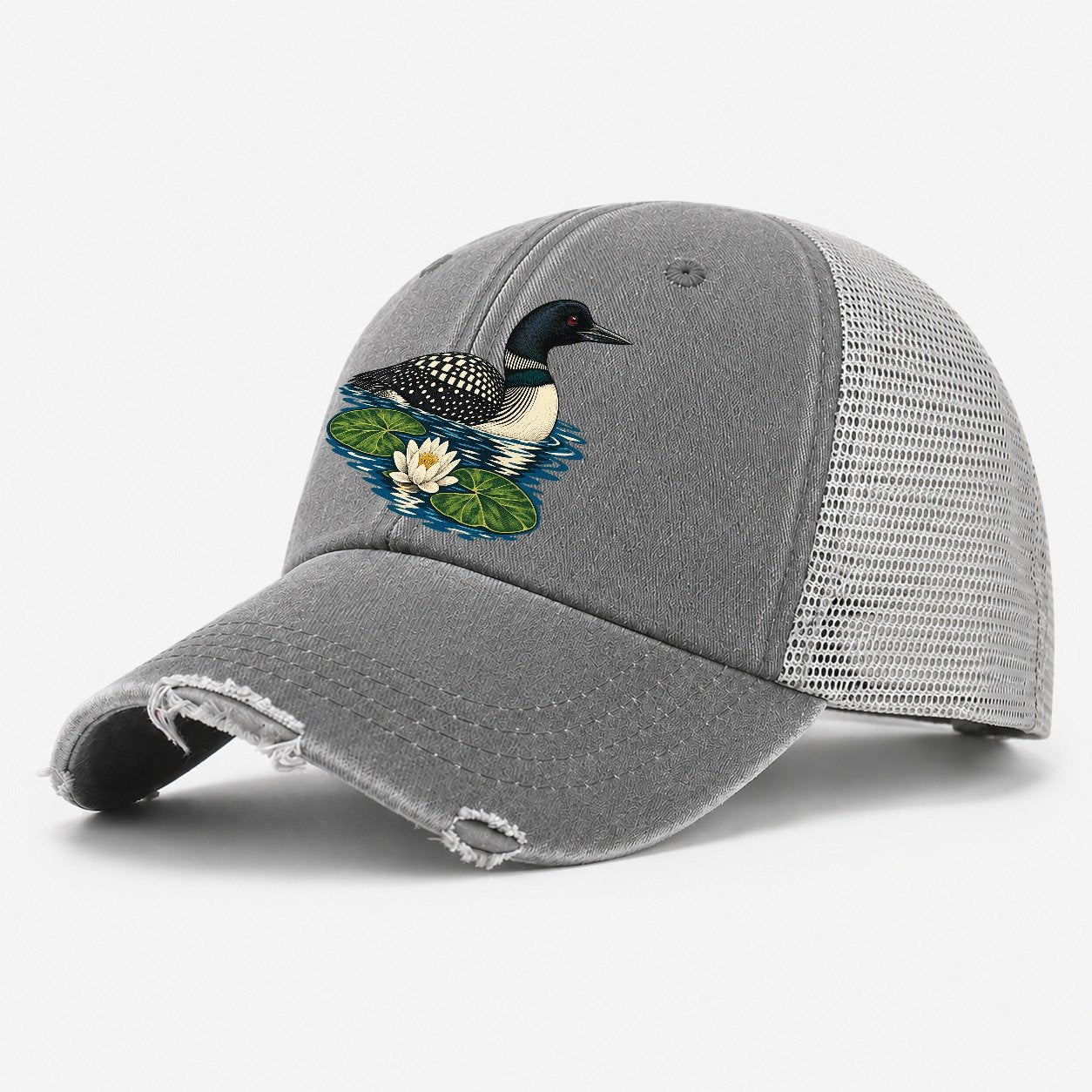 Common Loon And Water Lilies Canada Cultural Icons Washed Trucker Hat – Grey
