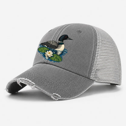 Common Loon And Water Lilies Canada Cultural Icons Washed Trucker Hat – Grey