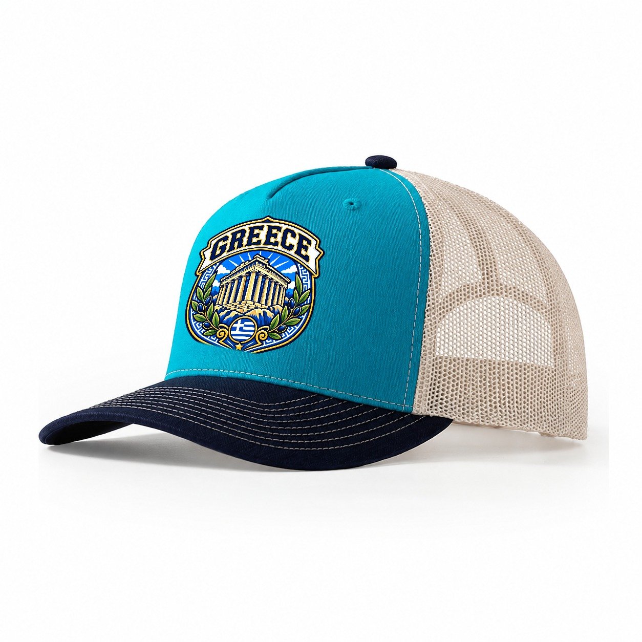 Greece Retro Badge Country Logos Trucker Hat – Teal Navy