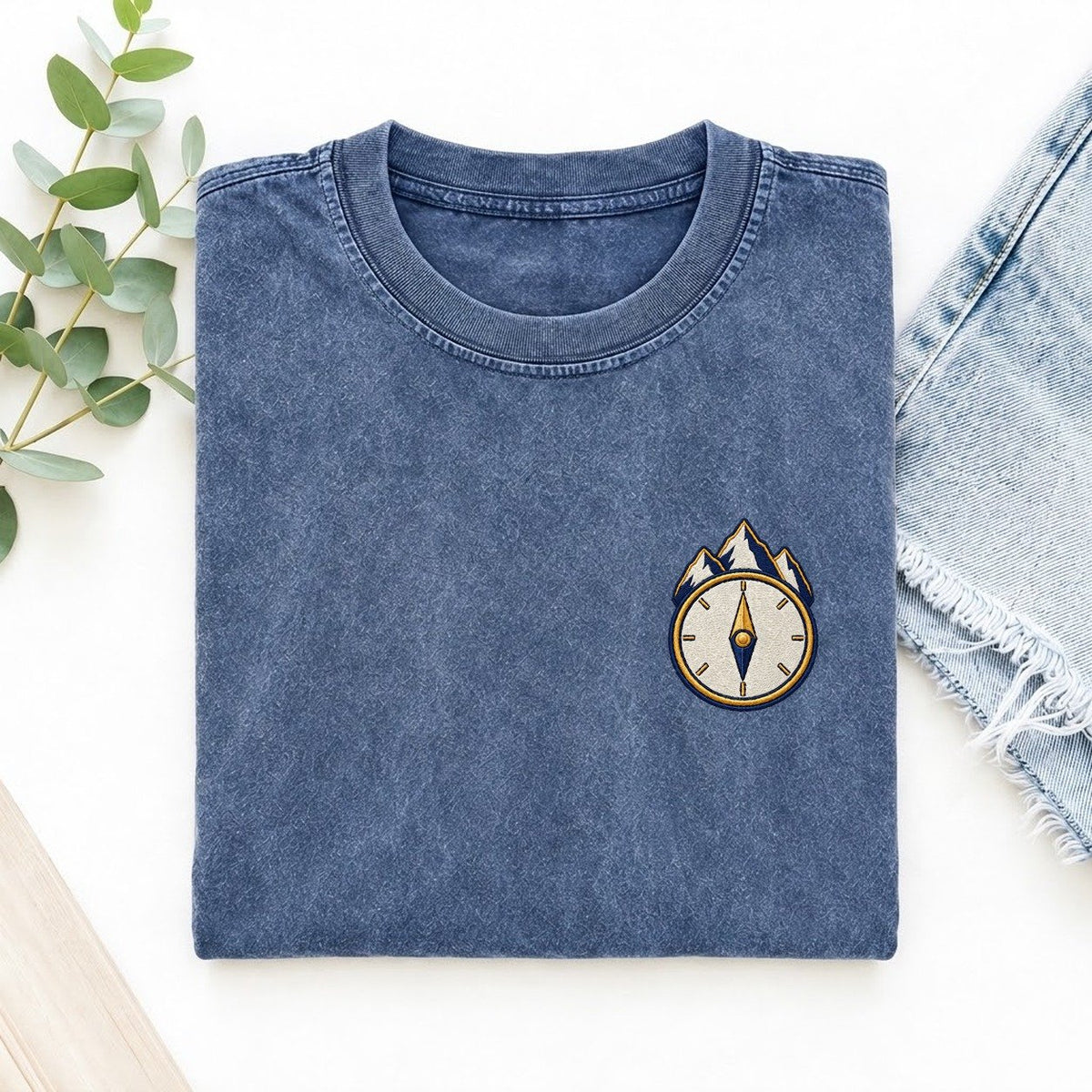 Mountain Compass Symbol Emblems Left Chest Vintage T-shirt – Washed Blue