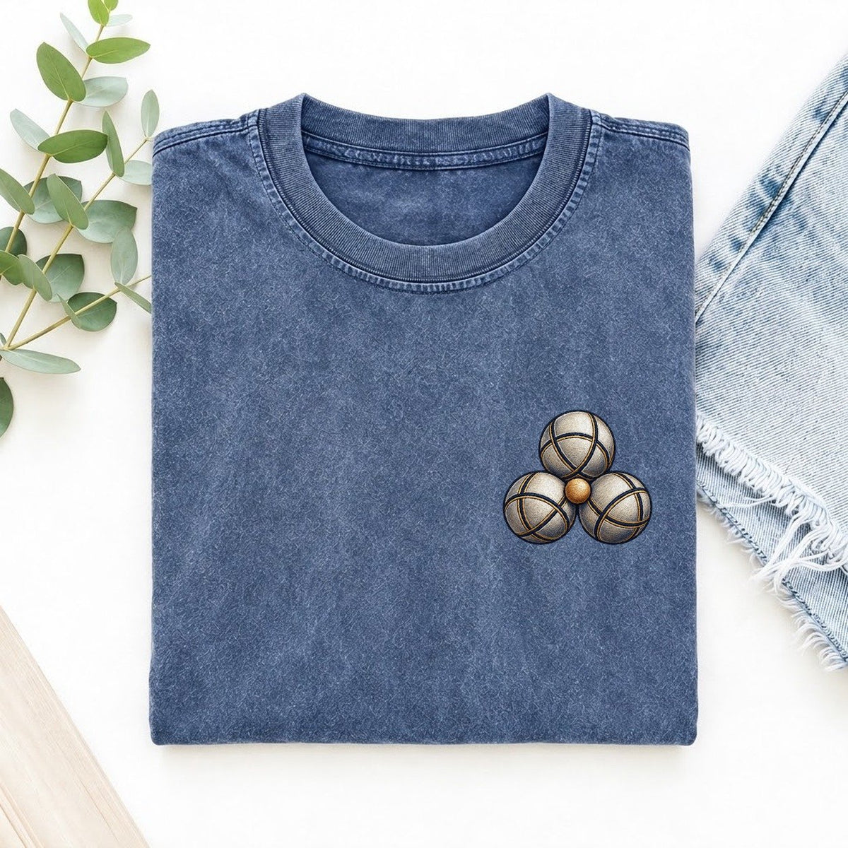 Petanque Three Boules Left Chest Vintage T-shirt – Washed Blue