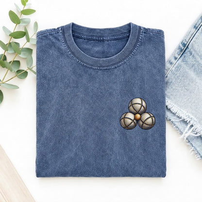Petanque Three Boules Left Chest Vintage T-shirt – Washed Blue