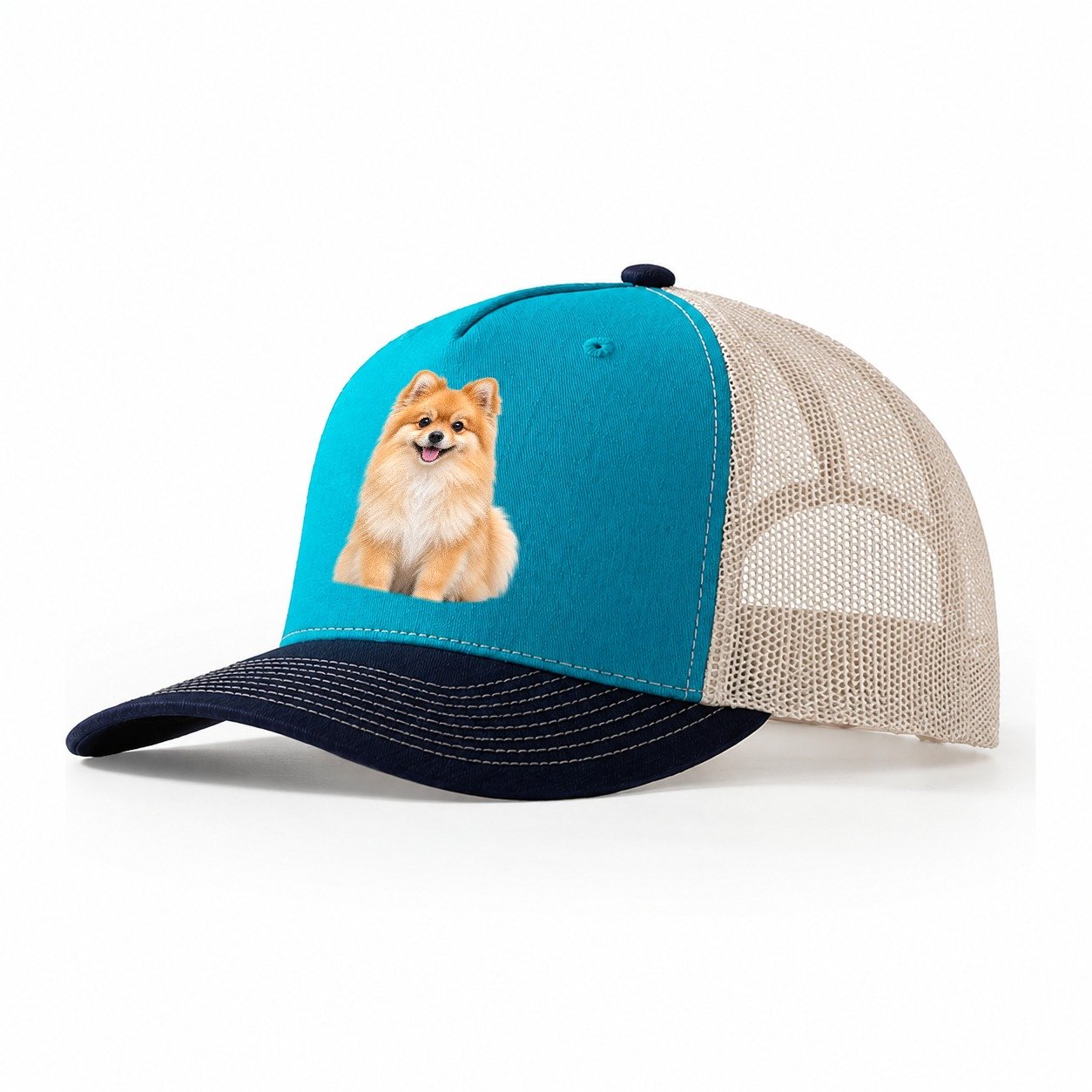 Pomeranian Sitting Top Breeds Trucker Hat – Teal Navy