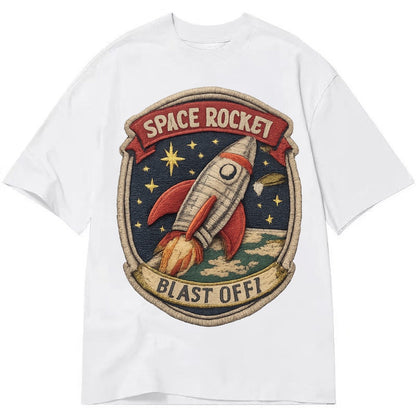 Embroidered Patch Design Retro Rocket 1950s Space Rocket In Classic T-shirt – White