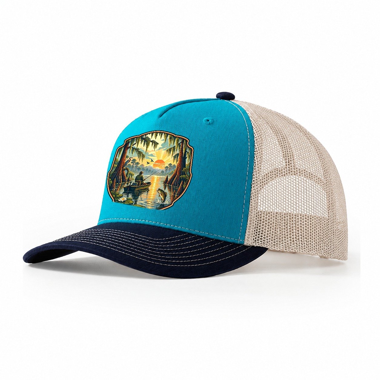 Bayou Cypress Still Water Fishing Club Trucker Hat – Teal Navy