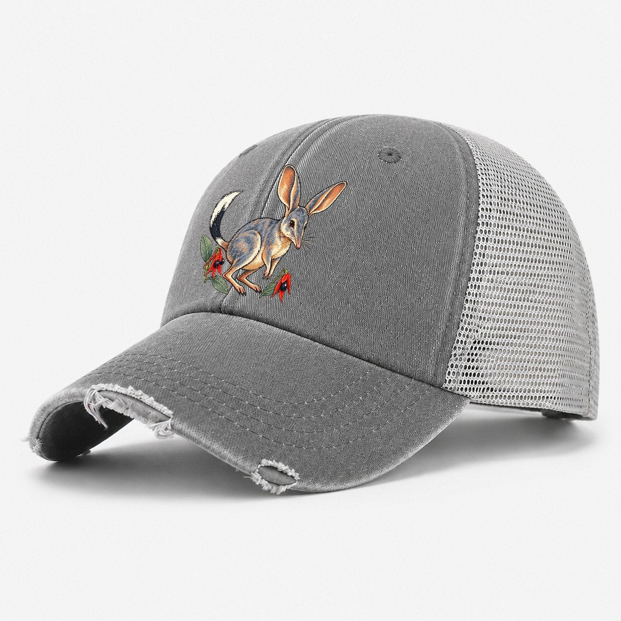 Greater Bilby And Sturt Desert Pea Australia Cultural Icons Washed Trucker Hat – Grey