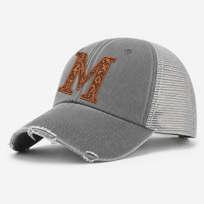 Tooled Leather M Monogram Washed Trucker Hat – Grey