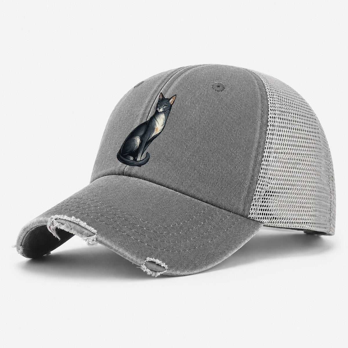 Blue-Eyed Gray Cat Washed Trucker Hat – Grey