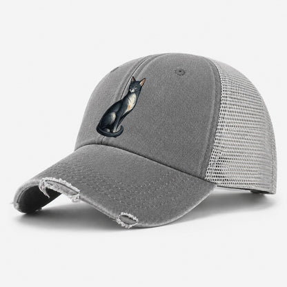Blue-Eyed Gray Cat Washed Trucker Hat – Grey