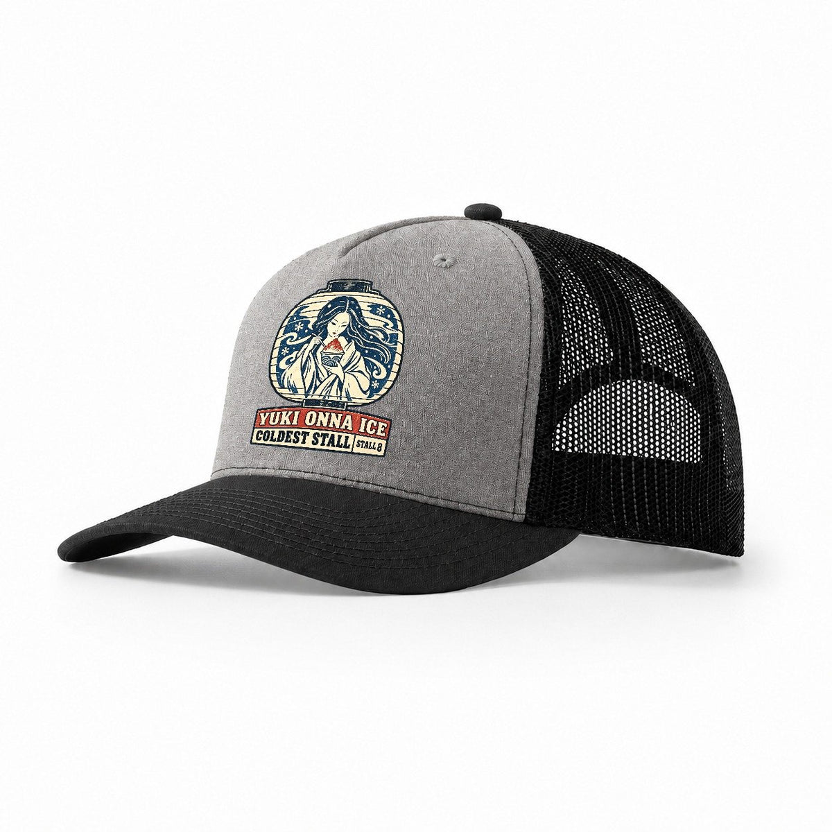 Yuki Onna Ice Yokai Night Market Trucker Hat – Grey Black