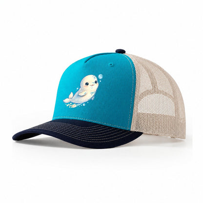 Beluga Whale Bubble Rise Sea Sprite Trucker Hat – Teal Navy