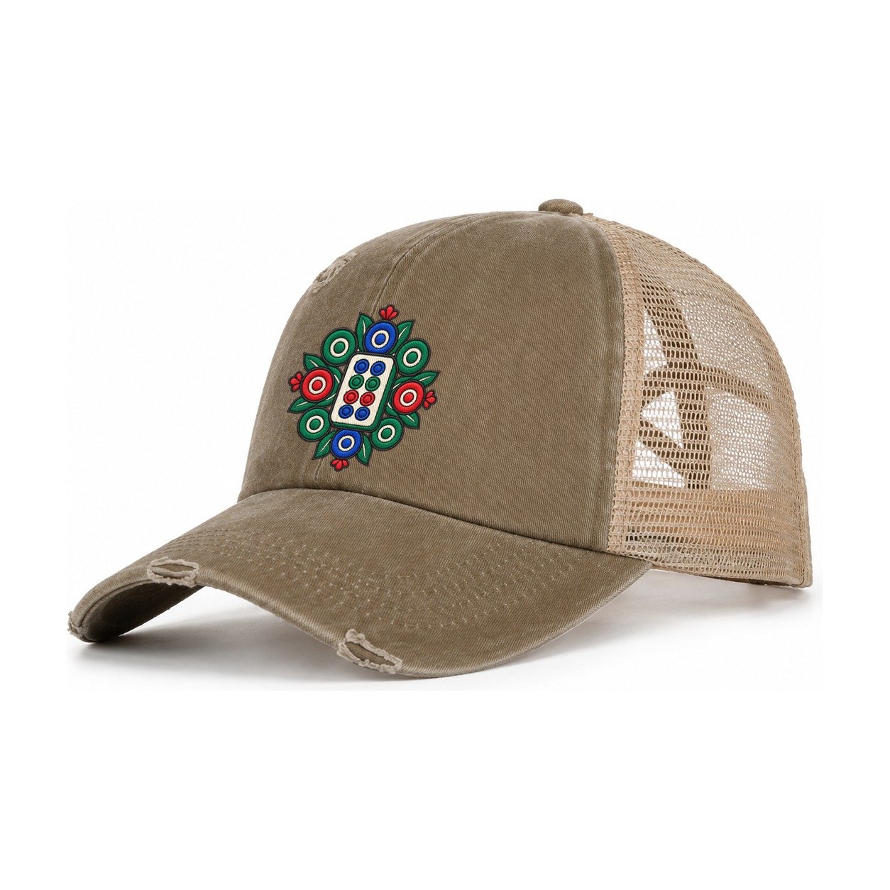 Eight Dot Bloom Mahjong Game Night Women's Ponytail Trucker Hat – Taupe Khaki