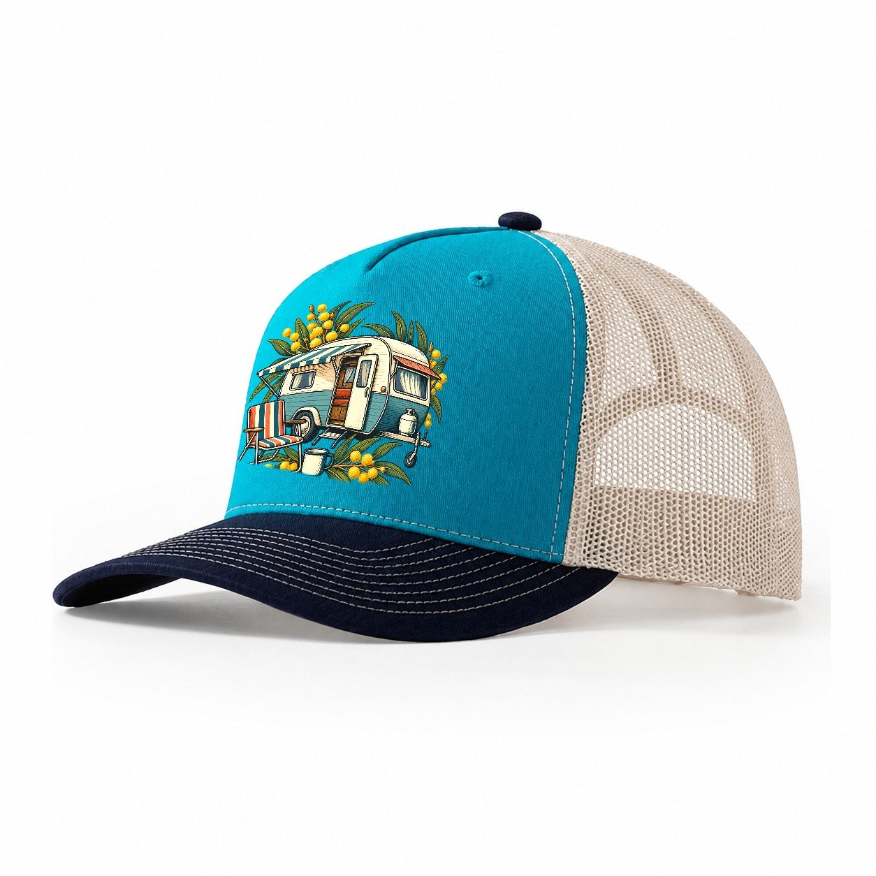 Retro Caravan Folding Chair And Enamel Mug Australia Cultural Icons Trucker Hat – Teal Navy