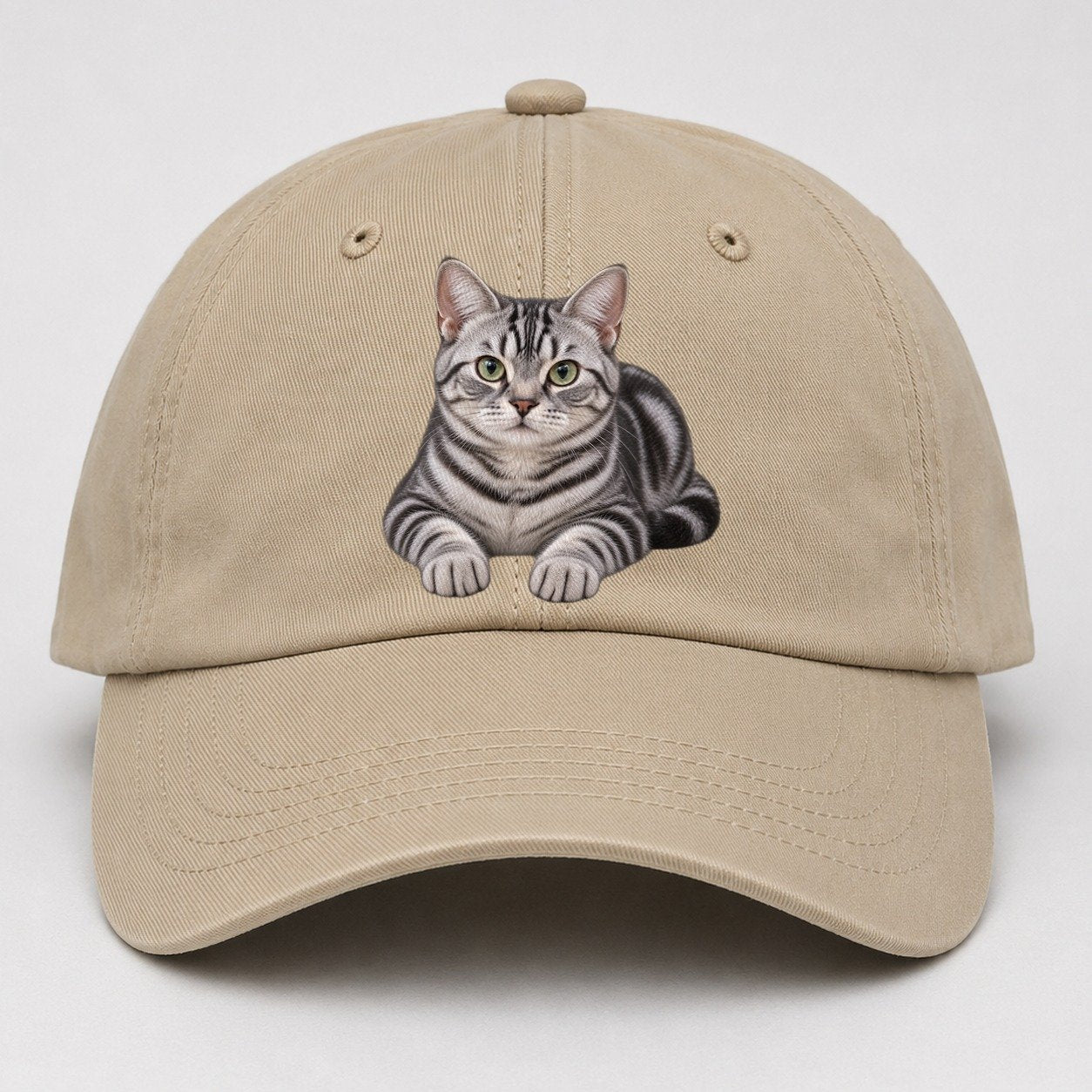 American Shorthair Reclining Paws Forward Realistic Cat Portrait Baseball Cap – Khaki