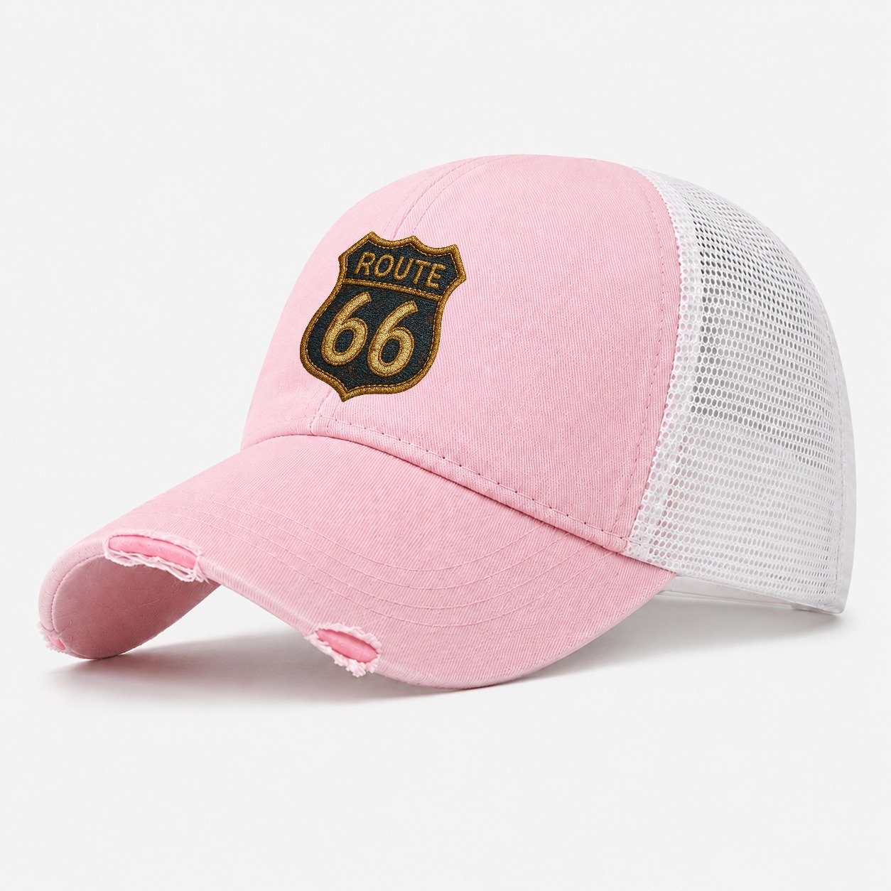 Route 66 Highway Shield Washed Trucker Hat – Light Pink