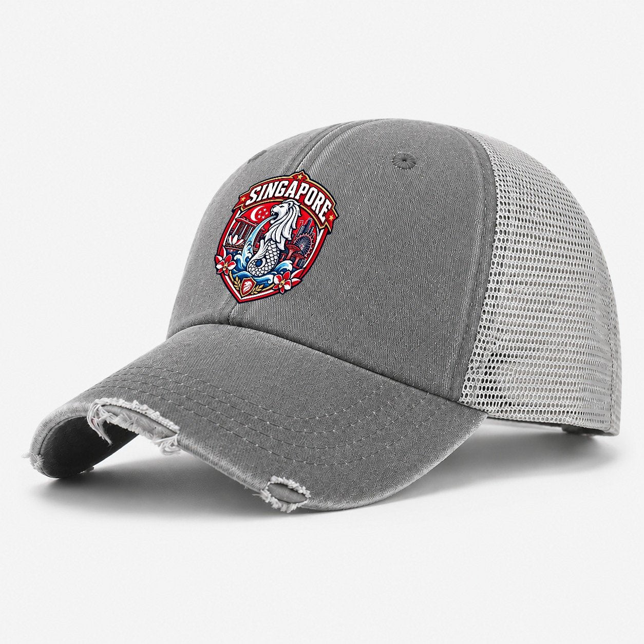 Singapore Retro Badge Country Logos Washed Trucker Hat – Grey