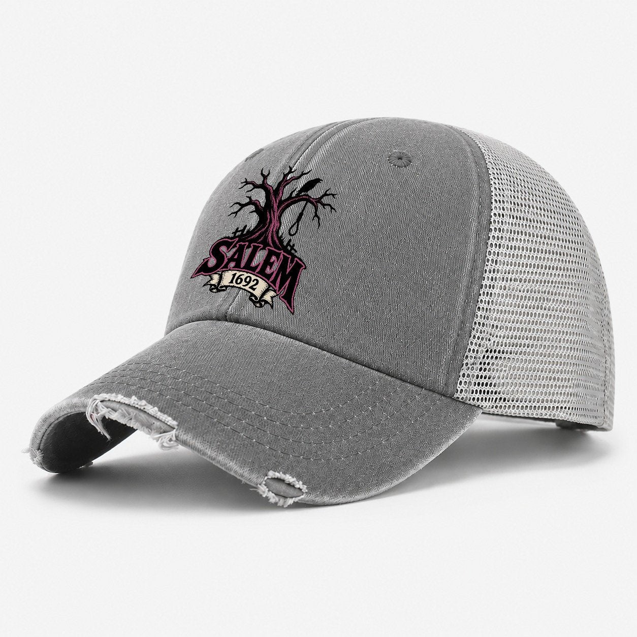 Salem Sixteen Ninety Two Witch Magic Washed Trucker Hat – Grey