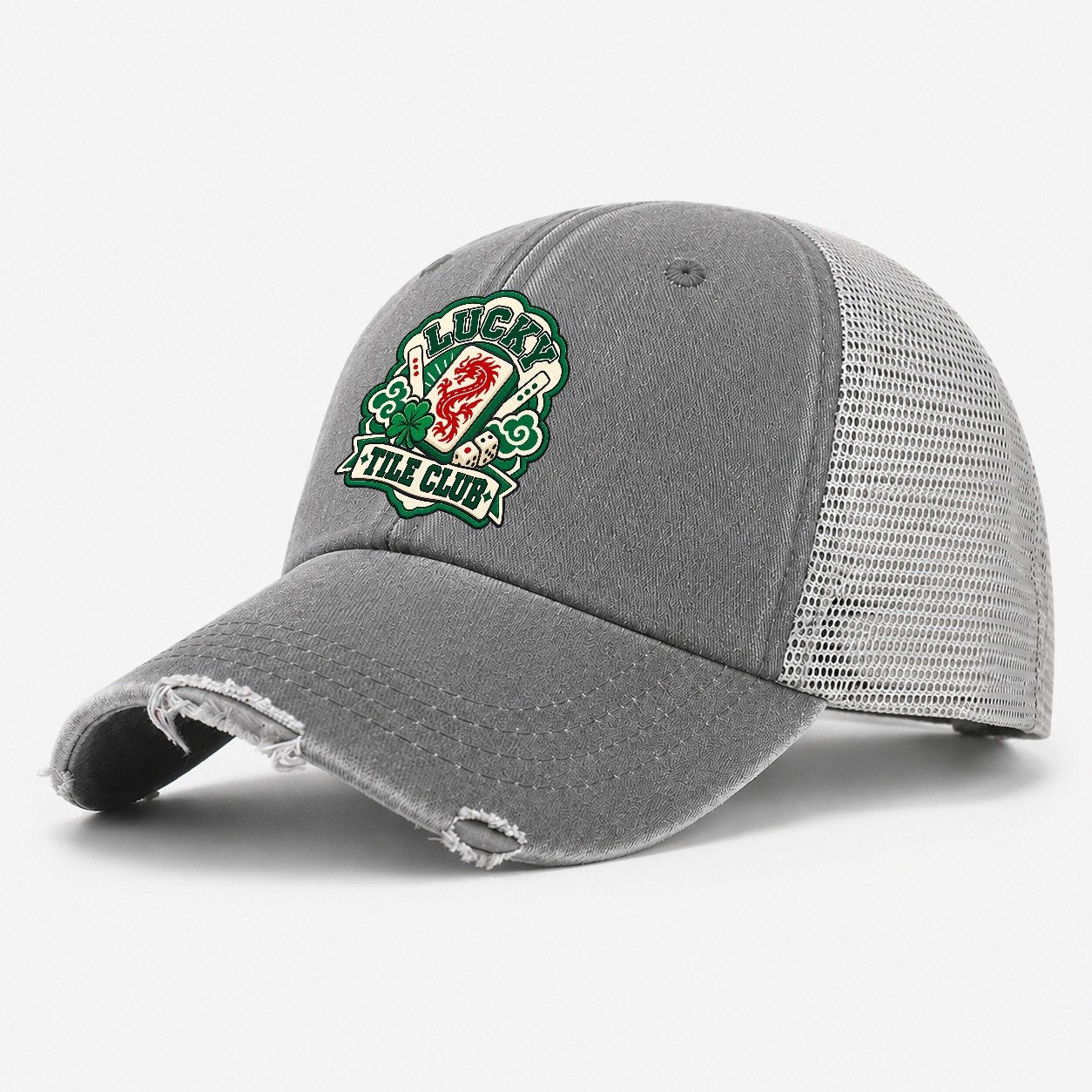 Lucky Tile Club Mahjong Game Night Washed Trucker Hat – Grey