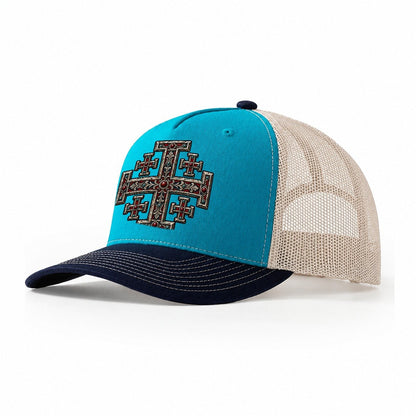 Engraved Silver Reliquary Panel Jerusalem Cross Trucker Hat – Teal Navy