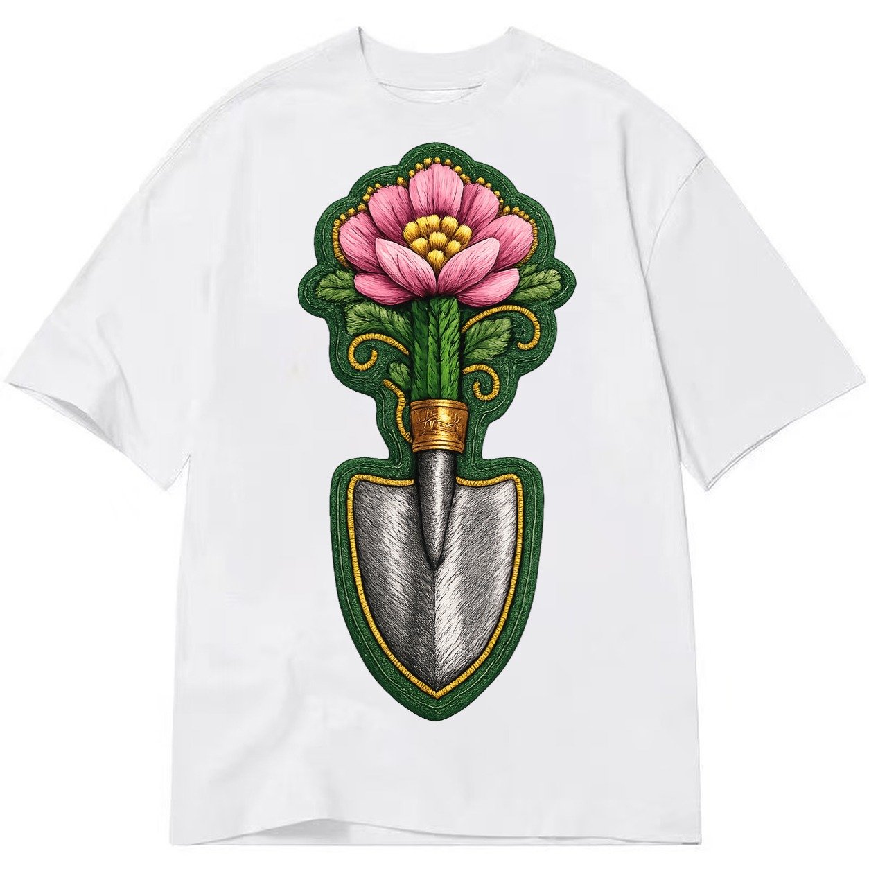 Embroidered Patch Design Gardening Trowel Flower Garden Tool Classic T-shirt – White