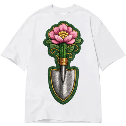Embroidered Patch Design Gardening Trowel Flower Garden Tool Classic T-shirt – White