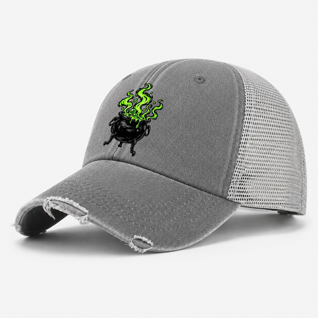 Bubbling Cauldron Witch Magic Washed Trucker Hat – Grey