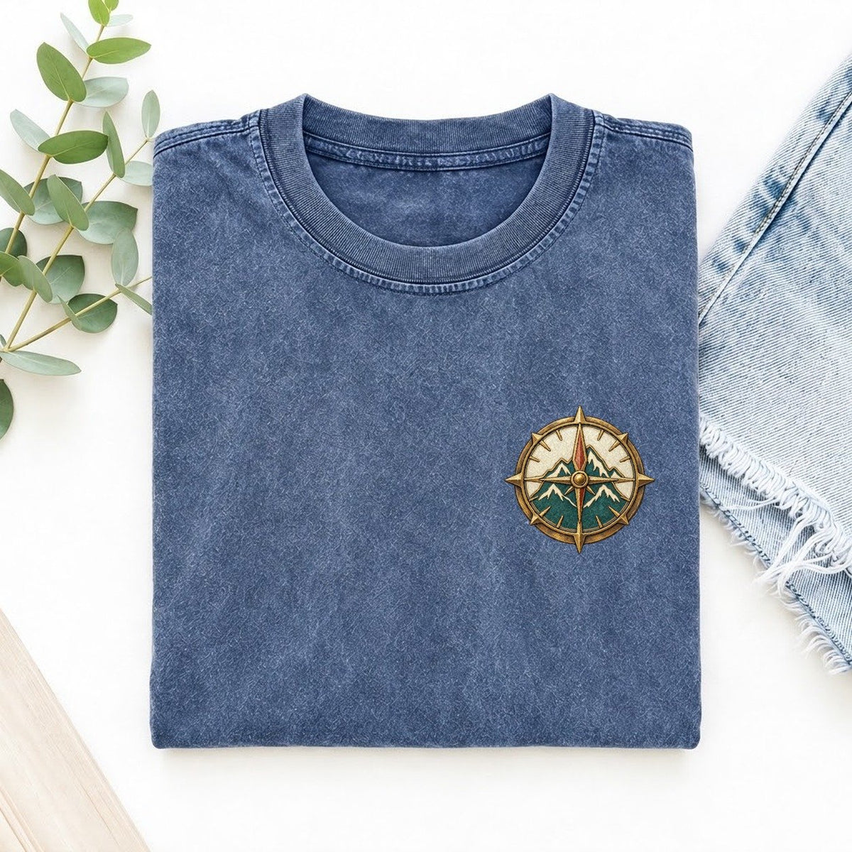 Mountain Compass Fold Keepsake Emblem Left Chest Vintage T-shirt – Washed Blue