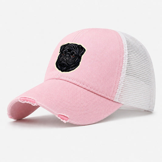 Black Pug Washed Trucker Hat – Light Pink