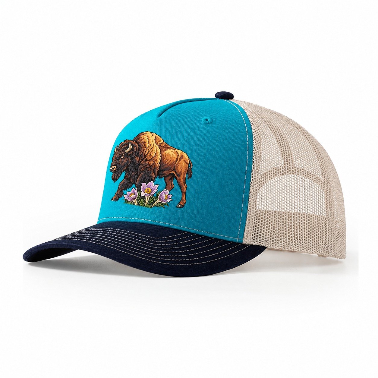 Wood Bison And Prairie Crocus Canada Cultural Icons Trucker Hat – Teal Navy