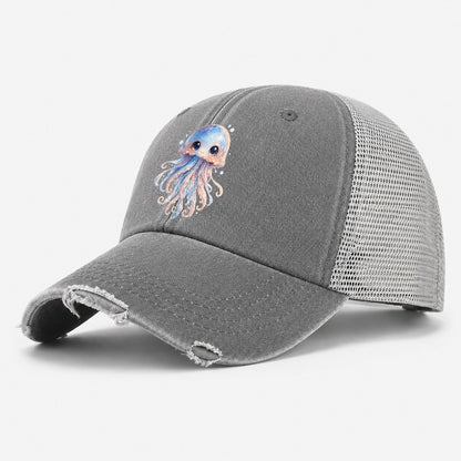 Cute Octopus Creature Washed Trucker Hat – Grey