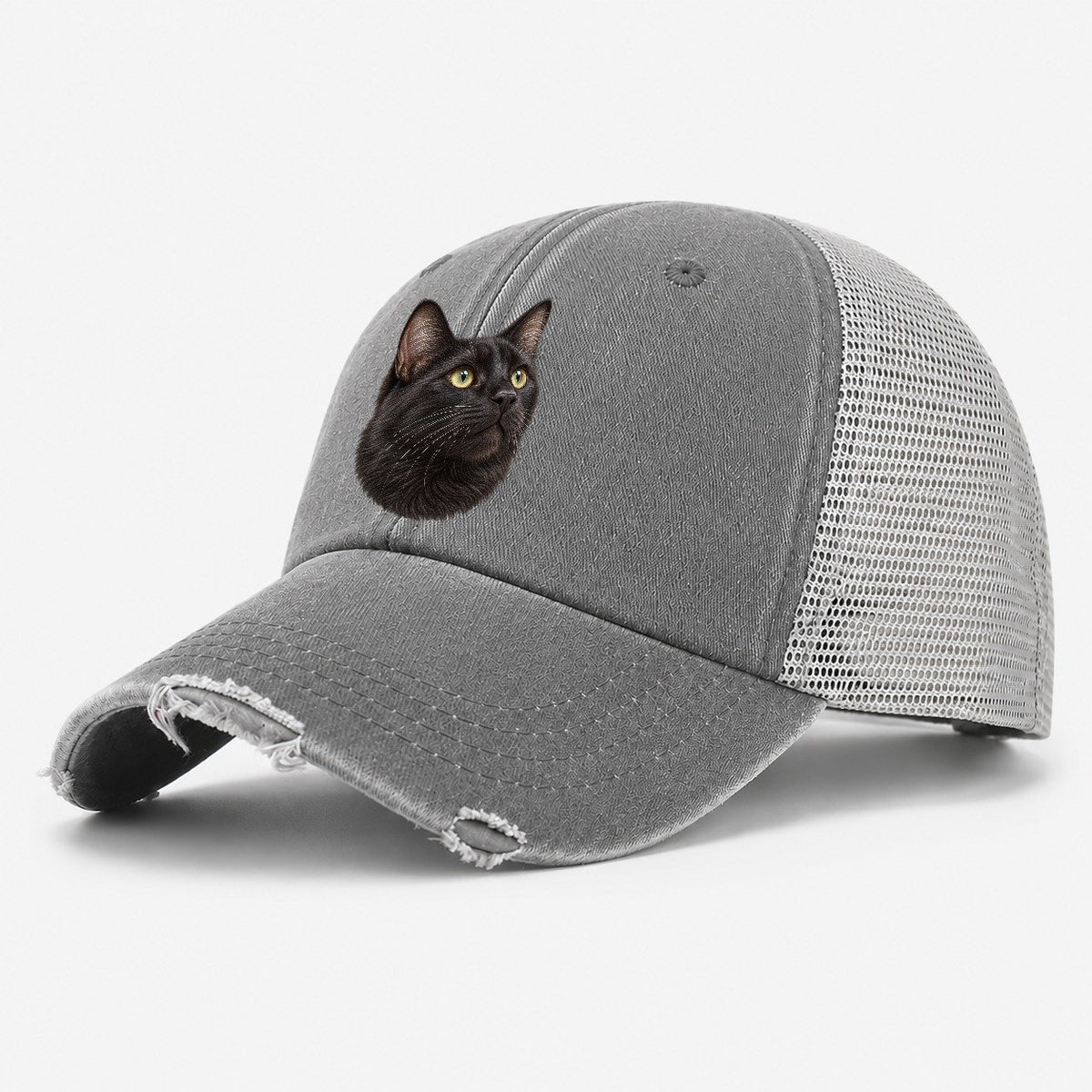 Black Cat Upturned Whiskers Pastimes Companions Washed Trucker Hat – Grey