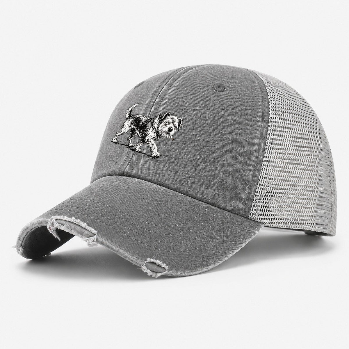 Scruffy Dog with Cigarette Washed Trucker Hat – Grey
