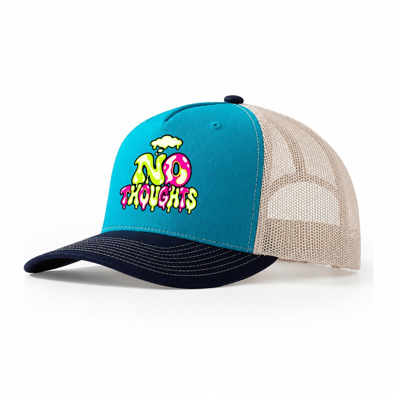 No Thoughts Crazy Styles Trucker Hat – Teal Navy