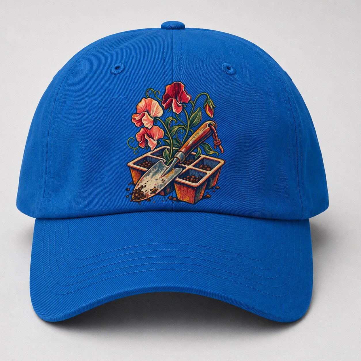 Garden Trowel Seed Tray And Sweet Peas Uk Culture Heritage Baseball Cap – Blue