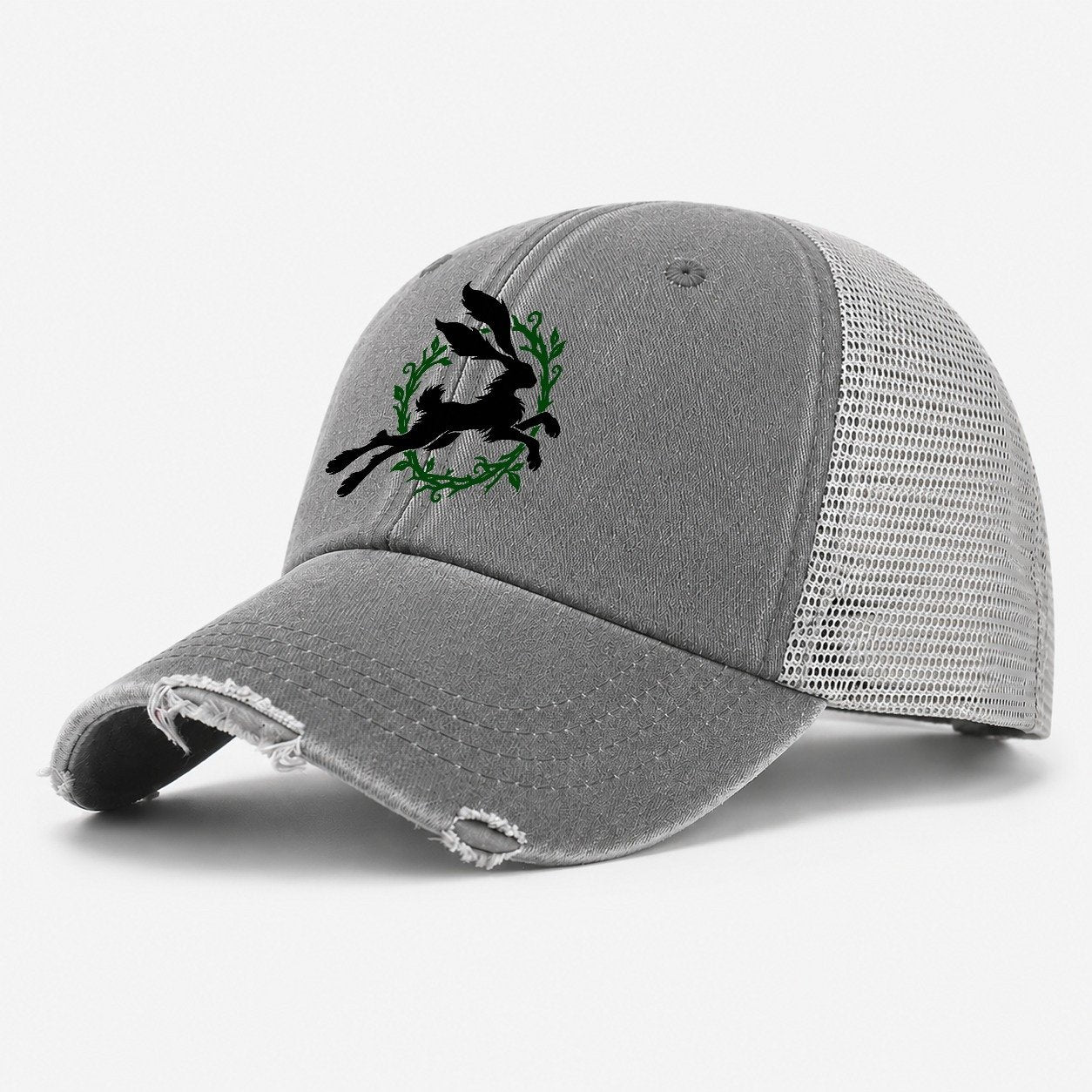 Celtic Hare Familiar Witch Magic Washed Trucker Hat – Grey